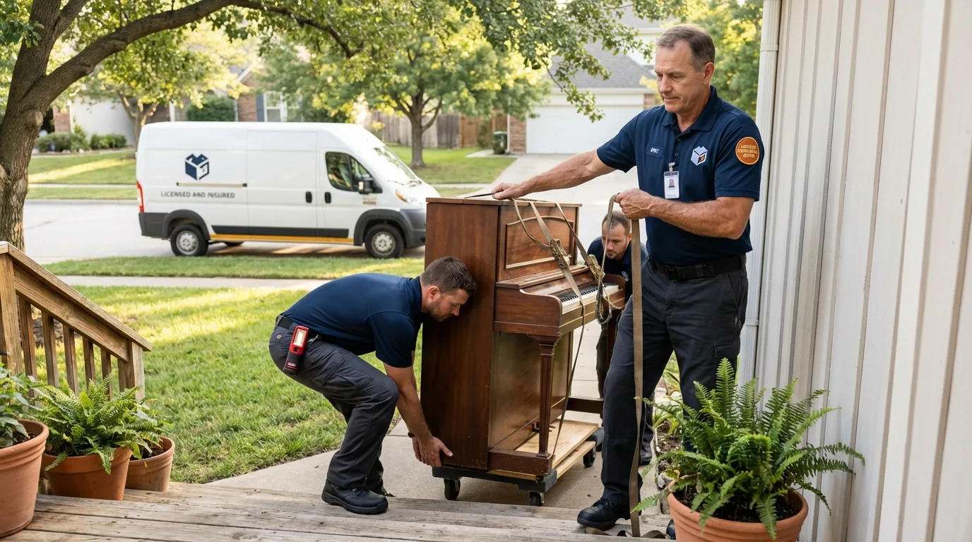 Licensed piano movers securing grand piano in Long Valley, NJ