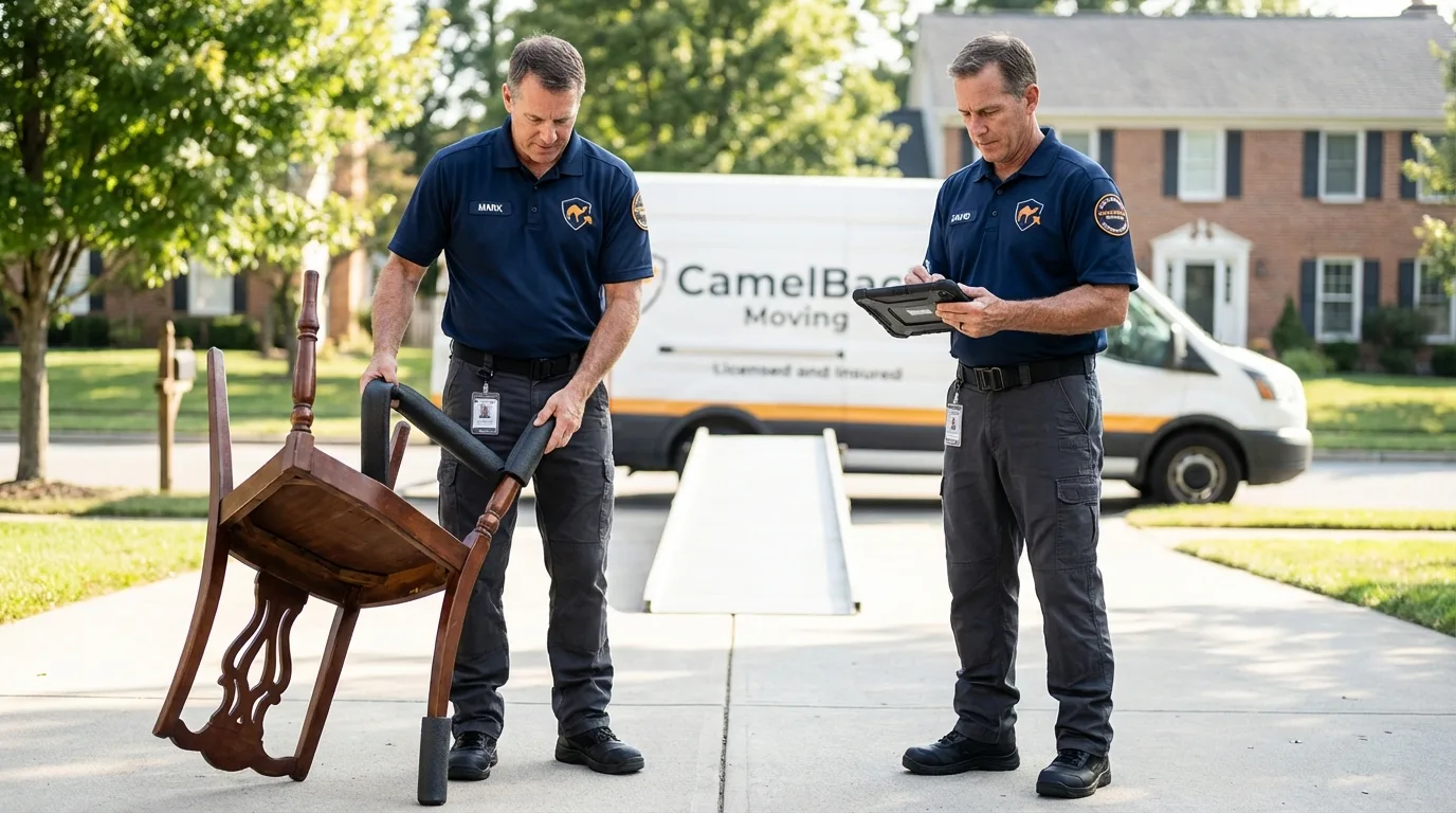 Movers inspecting furniture for damage prevention before loading in Long Valley, NJ