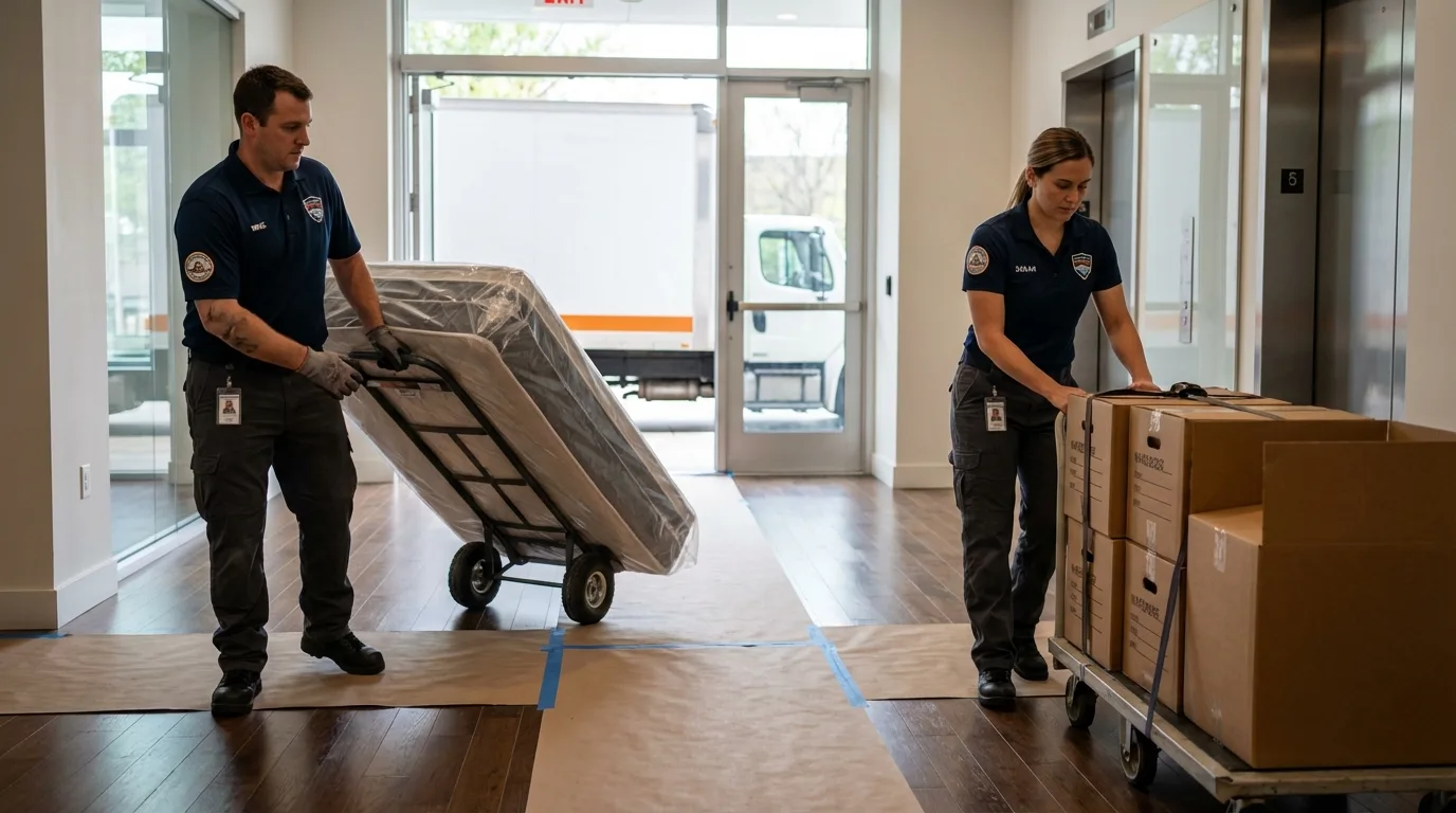 Professional apartment movers loading elevator in Long Valley, NJ