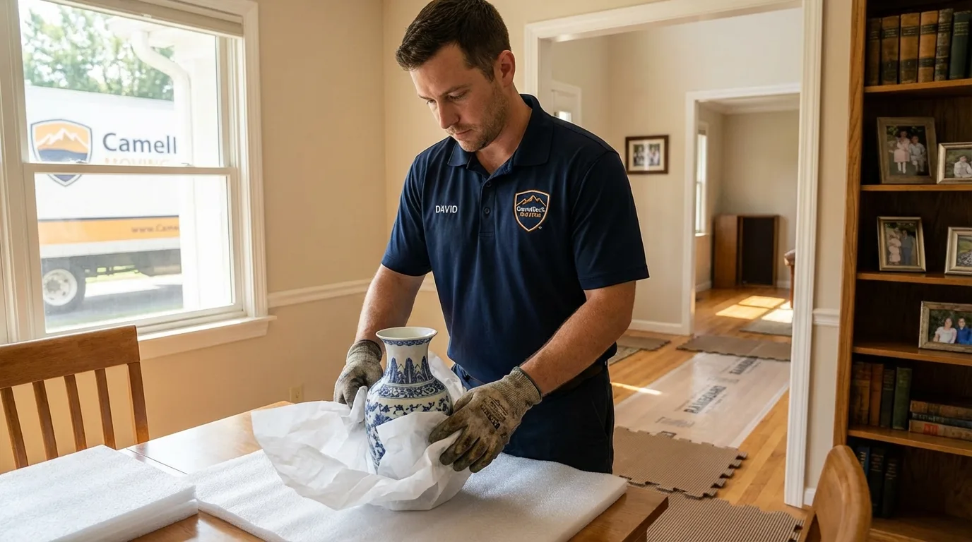 Professional crew carefully wrapping antique vase for senior downsizing move in Long Valley, NJ